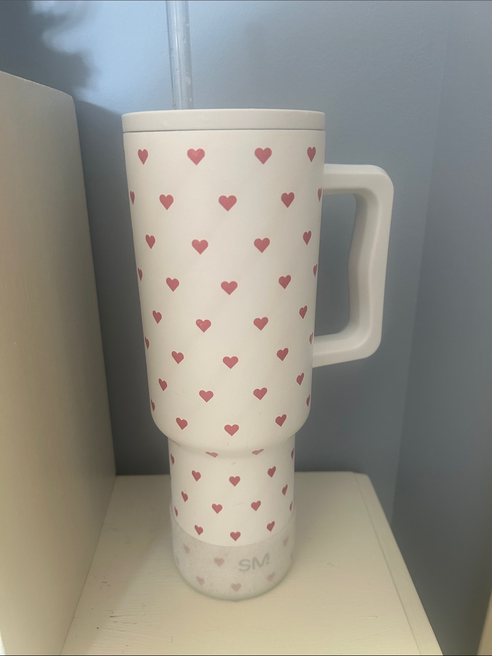 White Travel Tumbler with Pink Heart Pattern